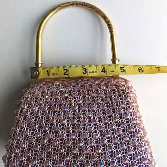 Bead Crochet Top Handle Kiss Lock Frame Bag Pink Purple Gold - Picture 10 of 11